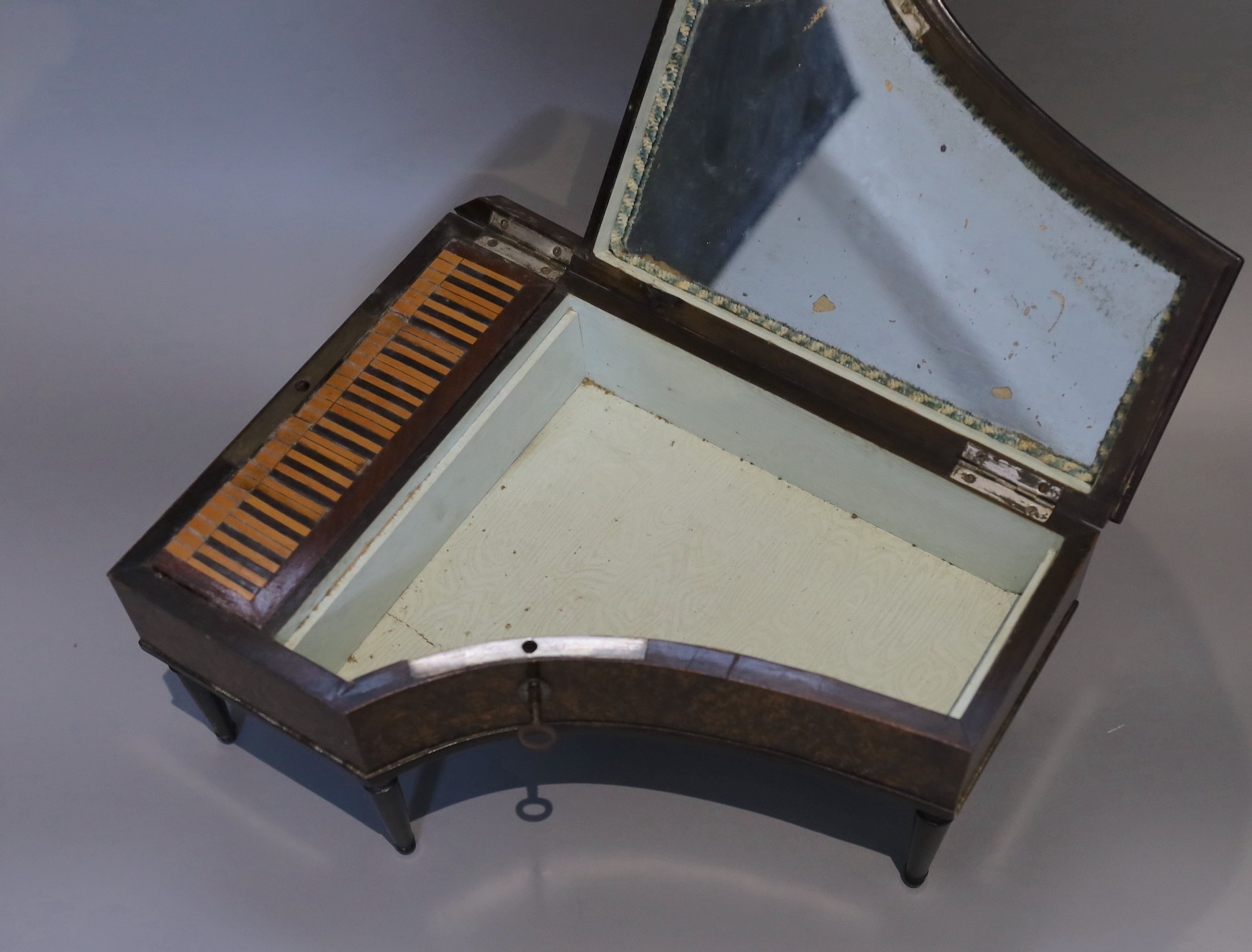A 19th century French simulated burr walnut musical jewellery casket, modelled as a piano forte, length 30cm height 17cm
